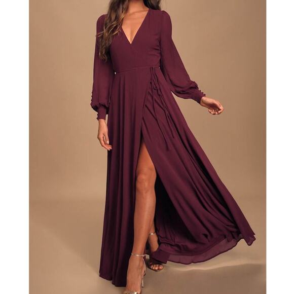 Lulus NWT My Whole Heart Plum Long Sleeve Balloon Sleeves Wrap Maxi Dress XL - Picture 1 of 11